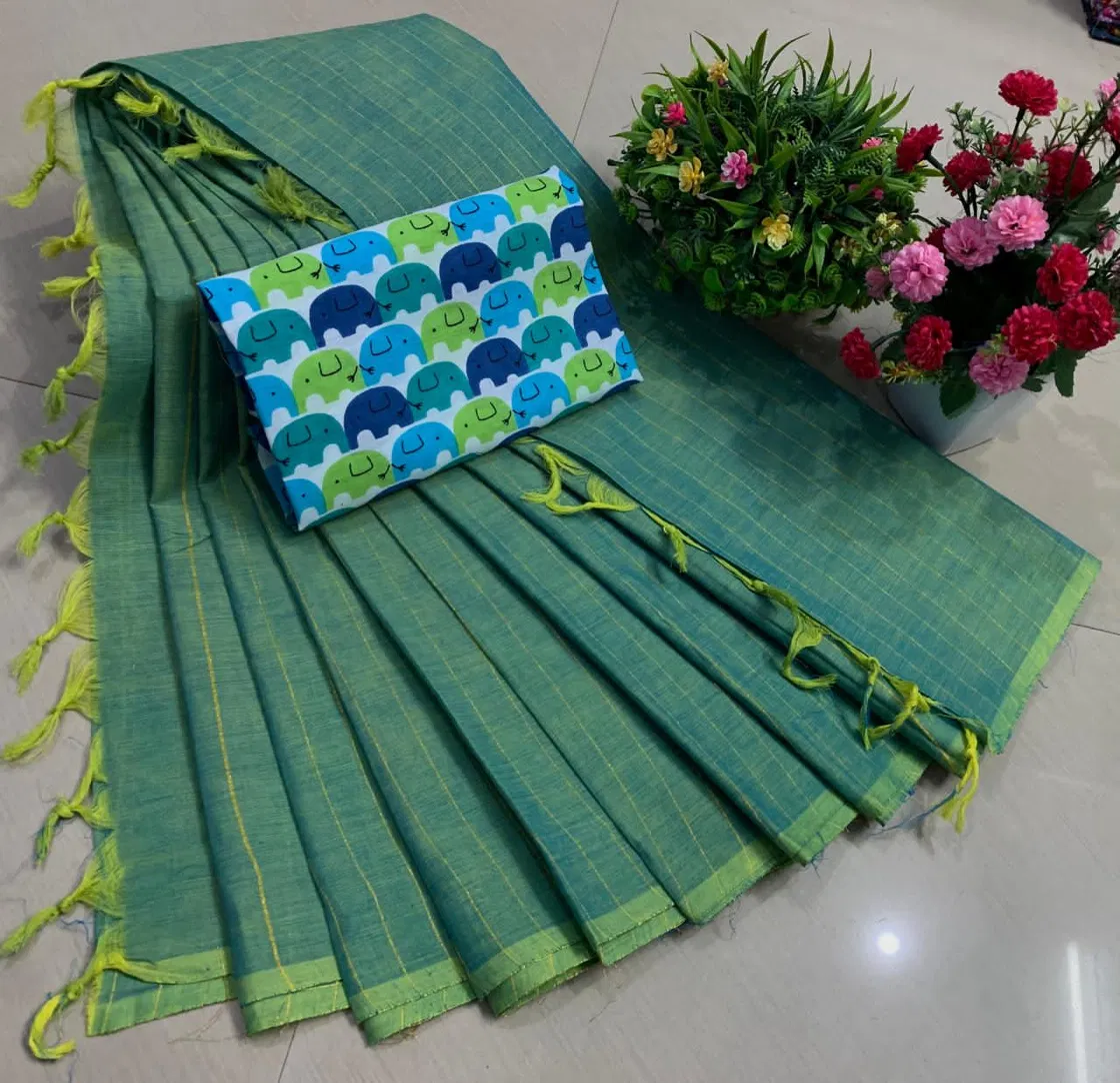 80's Chettinad Cotton Saree with Kalamkari Blouse - Bottle Green